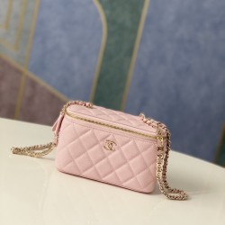 81187 Litchi grain cowhide box bag pink gold 16x9.5x8cm