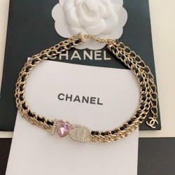 Black Leather Pink Diamond Heart Necklace
