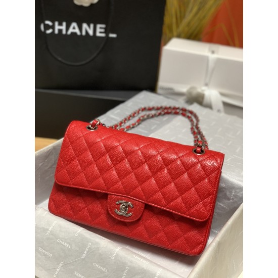 01112 CF Double Flap Cowhide Large Red Silver 25cm  caviar 