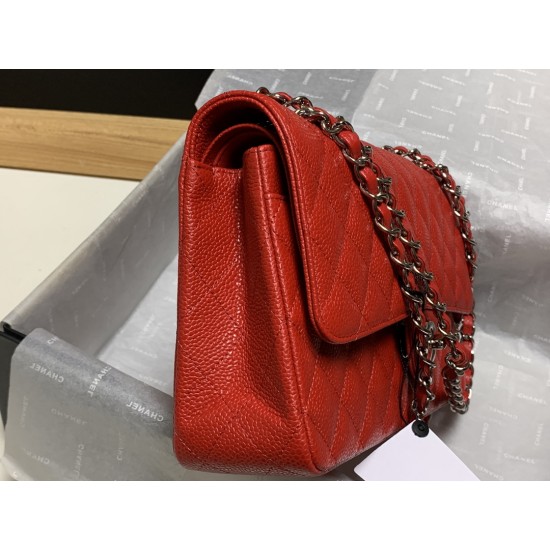 01112 CF Double Flap Cowhide Large Red Silver 25cm  caviar 